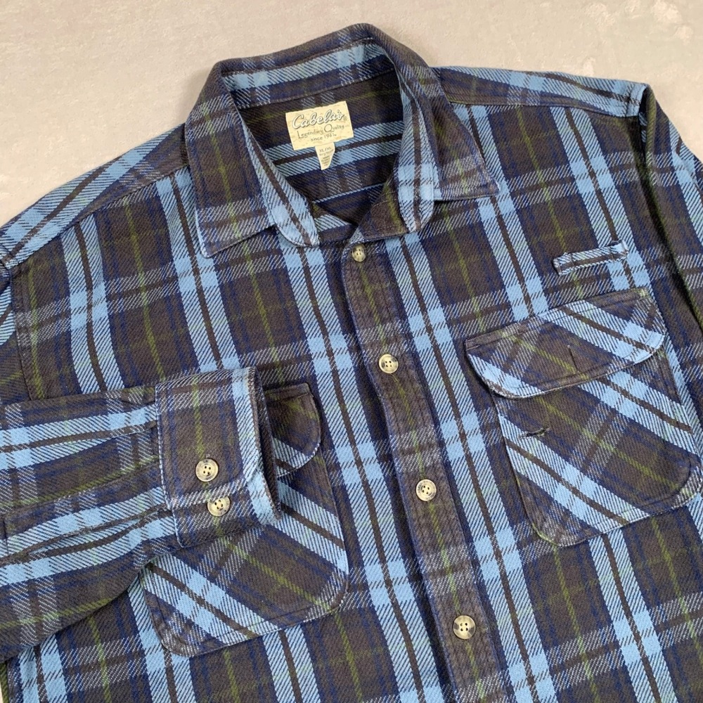 Cabela's Flannel Shirt Mens XL Blue Plaid Long Sleeve Heavy Cotton Button Down
